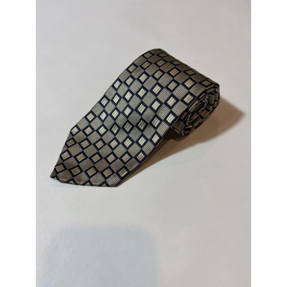 M Pendleton Silk Tie Handmade Italy Geometric Square Tan Blue Classic